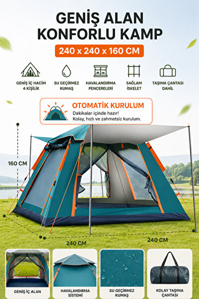 Realx 6 Kişilik Tam Otomatik Tenteli Çift Kapılı Kamp Çadırı 240x240x160