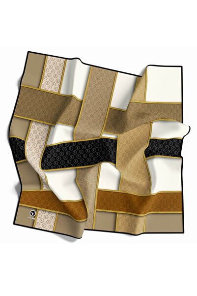 VİOLLA Twill Şeritleri Monogram Desenli Bej - Taba Renkli 90x90 Eşarp (İpek İ...