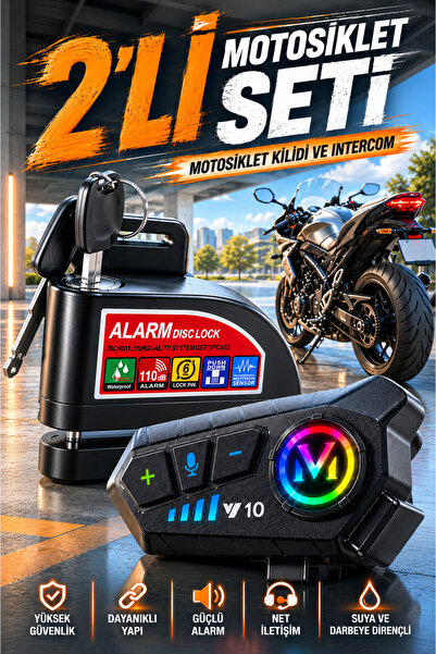 Zineets 2Lİ PAKET Alarmlı Disk Kilidi Ve Kask İntercom Kulaklık Motorsiklet M...