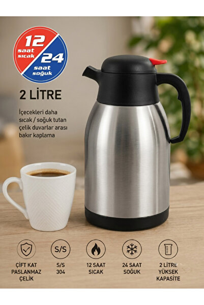 NOVAAVM Termos 2 Litre Çift Kat Çelik Çay Termosu Özel Bakır iç Kaplama Pasla...