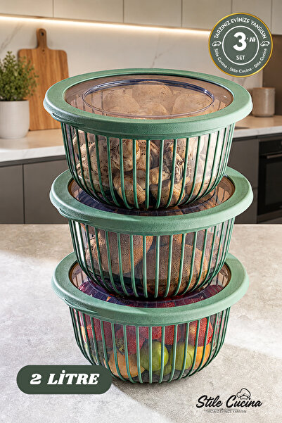 Stile Cucina Linea 3 Green 2 Liter Round Leak-proof Cookie and Fruit Storage ...