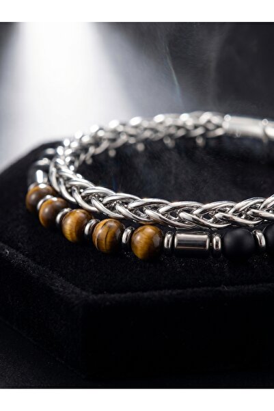 Parmas Design Tiger's Eye and Matte Onyx-Hematite Steel Chain Men's Premium B...