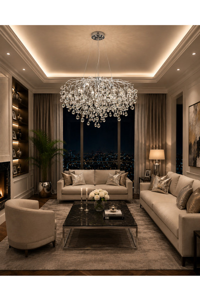 Led 50 CM KRİSTAL AĞAÇ LÜX SALON AVİZE KROM İTHAL KASA E14