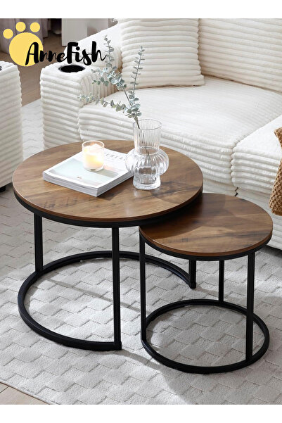 AnneFish 2Pcs Round Nesting Coffee Table Set Modern Home Center Sofa Table Ru...