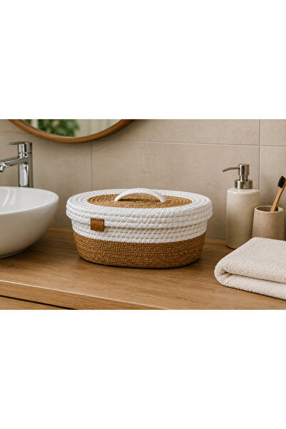 Efuliz Home Jute Wicker Oval Covered Basket Organizer Decorative Basket Handm...