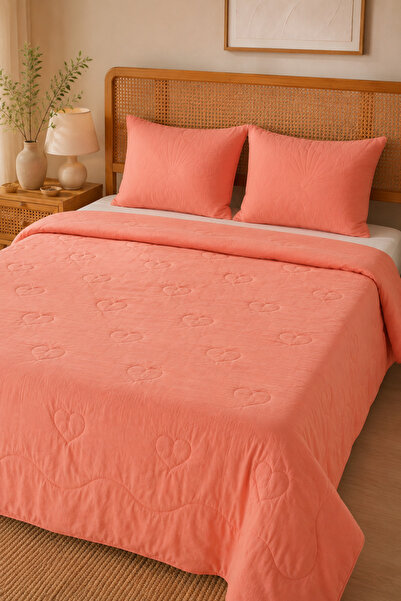 UYKUPEREST Bloomy Salmon Thin Quilted Sleeping Set Double 220X235 2 Pillow Ma...