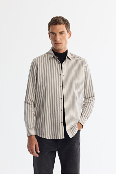 Avva Men's Gray 100% Cotton Bottomed Britli Collar Striped Slim Fit Shirt A42...