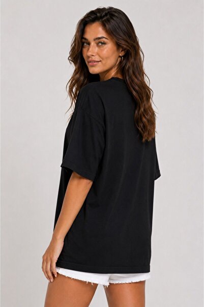 Lizbon Style Kadın Oversize %100 Pamuk Basic Rahat Kalıp T-Shirt - Siyah