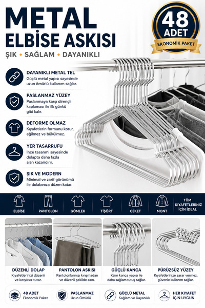 Olgun Home Metal Elbise Askısı 48 Adet Kıyafet Askısı Pantolon Askısı Tel Askı