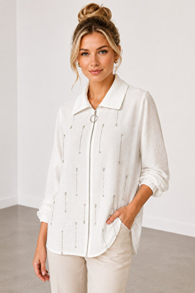 bihan store Stone Embroidered Zippered Women's Shirt -26-1134 - Ecru
