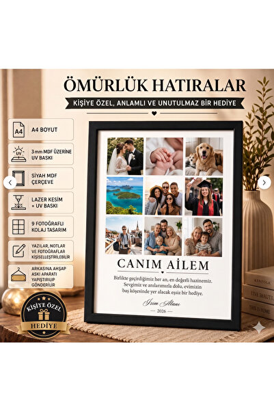 Kutup Yıldızı Tasarım Atölyesi Kişiye Özel 9 Fotoğraflı Kolaj A4 MDF Çerçevel...