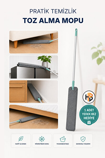 HOBİLON Toz Alma Mopu + 1 Yedek Bez Hediye - Dip Köşe Raf Kanepe Dolap Altı U...