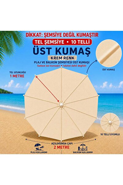 Şemsiyecim 10 Telli Plaj Şemsiye Üst Kumaşı 2 Metre Çap 1 metre Tel Uyumlu