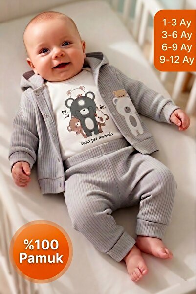 Lika&Nika Ayıcık Baskılı %100 Pamuklu Kapşonlu Hırka Body ve Pantolon 3'lü Takım