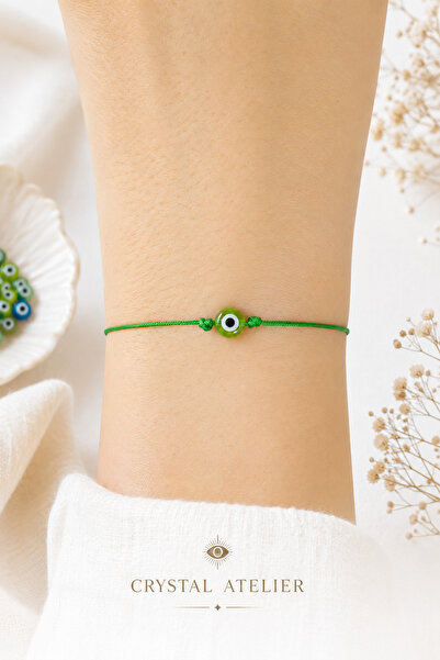 Crystal Atelier Green Glass Evil Eye Beaded Green String Bracelet - Unisex Ha...