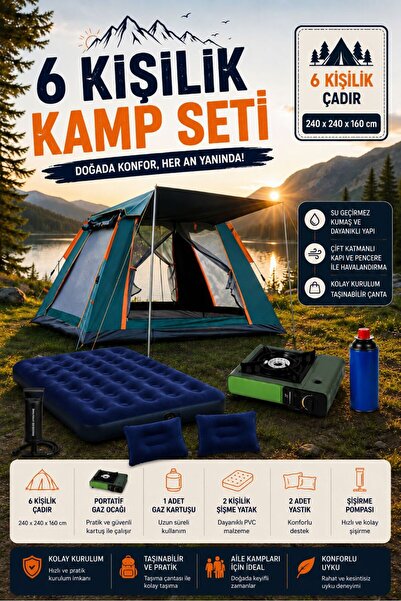post alley 6 Kişilik Çadır +Çift Kişilik Yatak(Yastık ve Pompa Dahil)+Kamp Ga...