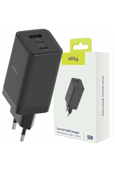 allity ATC-01-65WACC GaN PD QC 2x USB-C 1x USB-A 65W Negru