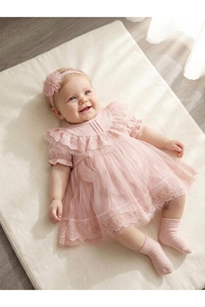 Miniday Baby Kız Bebek Mevlütlük Elbise Yazlık Bandanalı Dantelli Yeni Doğan ...
