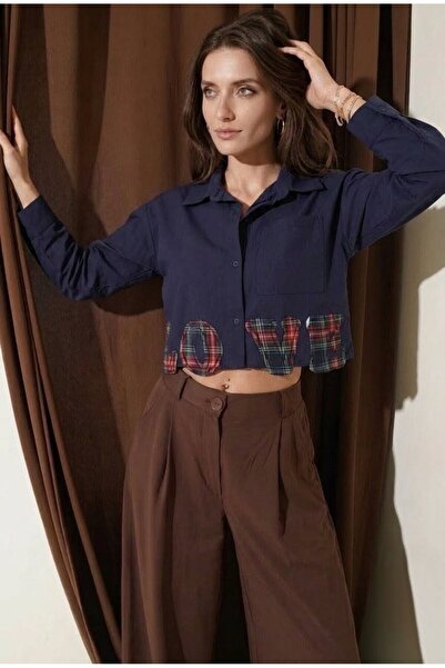 EsSo butik Women's Love Embroidered Plaid Detailed Poplin Crop Shirt