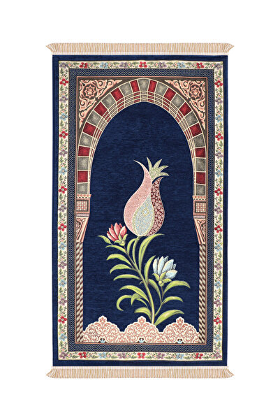 Bursa İpek Navy Blue Mihrap Tulip Pattern Embossed Special Woven Prayer Rug