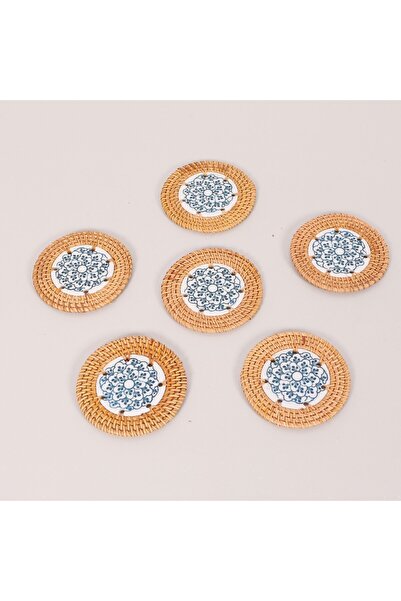 Mylamp YONCA 6'lı Doğal Rattan ve  El Yapımı Seramikli Bardak Altlığı