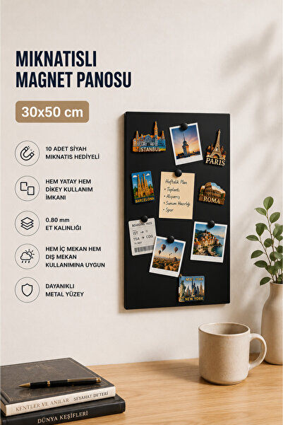 Dünya Magnet Mıknatıslı Pano Siyah 50x32 Cm Dekoratif Metal Magnet Panosu