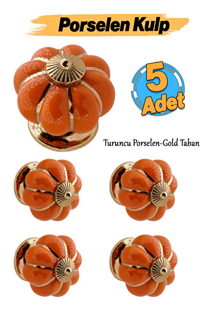Badem10 (5 Adet) Pumpra Turuncu Porselen Gold Metal Düğme Kulp Mobilya Çekmec...
