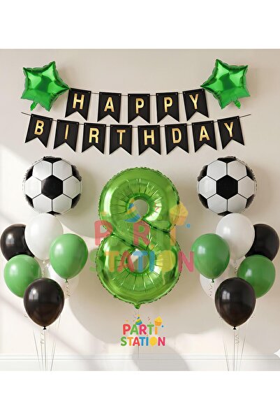 Parti Station Futbol Maç Konsept Yeşil Rakam 8 Yaş Balon Futbol Konsept Yeşil...