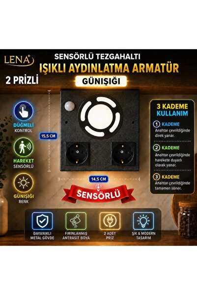 LENAOKSAN Sensörlü Tezgah / Dolap Altı Spot Işıklı + 2 Prizli Aydınlatma Arma...
