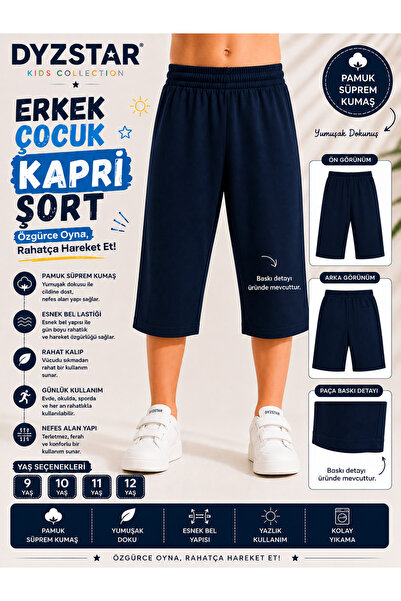 DYZSTAR Erkek Çocuk Pamuk Süprem Kapri Şort Koyu Lacivert 9-10-11-12 Yaş