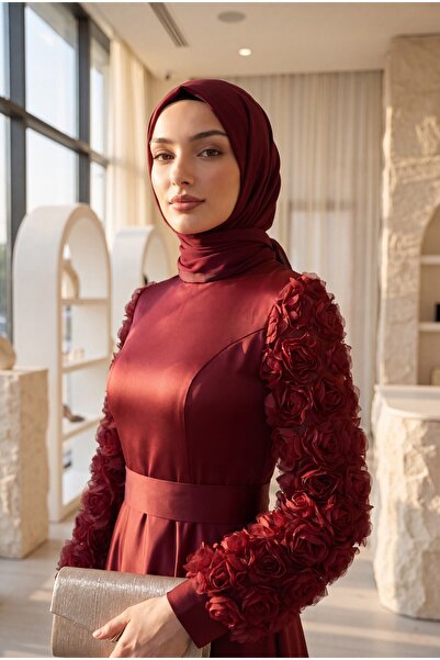 Modamorfo Eteği Ve Kolları Gül Detaylı Saten Abiye -bordo