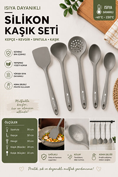 Perağ Ivory Hard Tip Heat Resistant Silicone Colander Spatula Spoon Set 5 Pie...