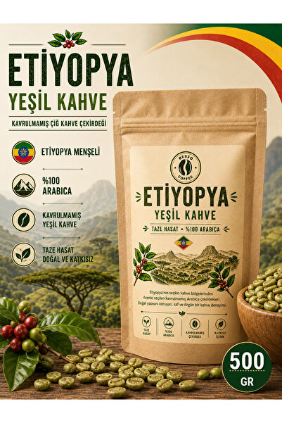 RESSO COFFEE Etiyopya %100 Arabica Yeşil & Çiğ Kahve Çekirdeği 500 Gr.