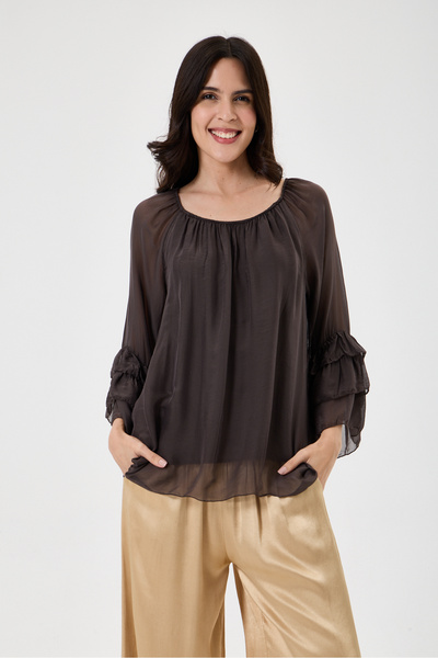 della moor Women's Brown Italian Elastic Madonna Collar Ruffle Spanish Sleeve...