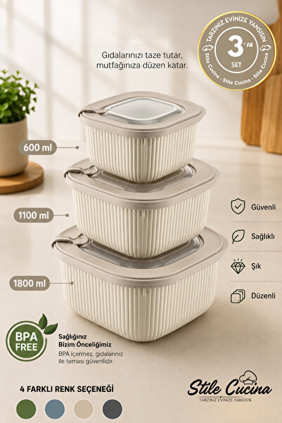 3-Piece Vacuum Sealed Storage Container Set Suitable for Microwave and Diffriz Use 600-1100-1800 Ml