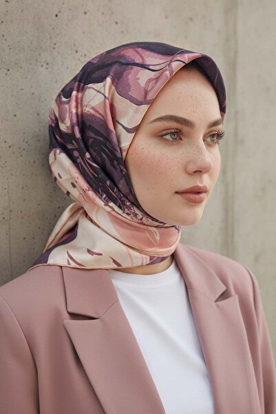 Vissona %100 Twill İpek Çiçekli Sulu Boya Dalga Desenli Pudra - Gül Kurusu Re...
