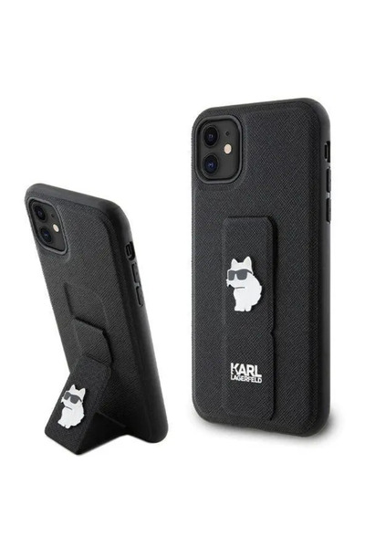 Karl Lagerfeld Gripstand Saffiano Choupette Pins Case for iPhone 11 / Xr - Black