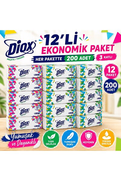 Diox Peçete Kağıt Havlu 200'lü V Katlama 3 Katlı 12 Paket 2400 Adet