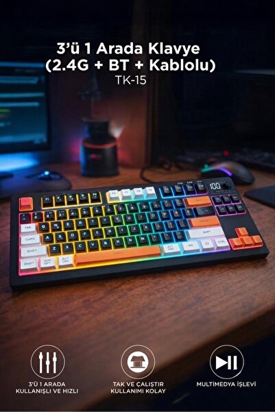 Başkenttekno Çoklu Bağlantılı 2.4G +BT +Kablolu RGB Işıklı Q Klavye TK15