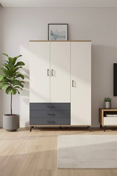 mobihobi Silva Dolap: 6 Raflı 3 Çekmeceli 1 Askılı (132x30x195cm) Çam-Aytaşı/...