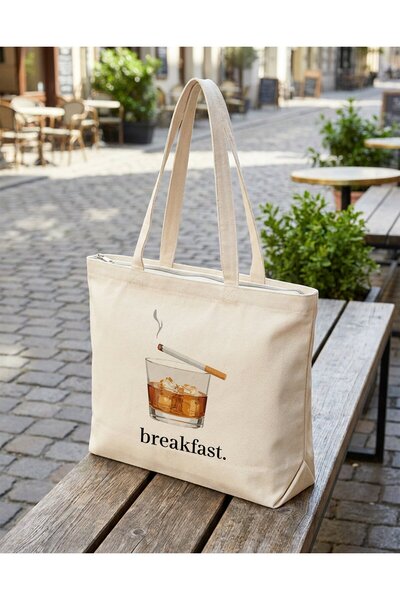 buzagi tasarım ürünleri Breakfast Zippered Lined Gusseted Canvas Bag 35 X 40 cm