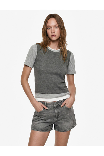 Koton Slim Fit Crew Neck Layered Viscose Blend Short Sleeve T-Shirt