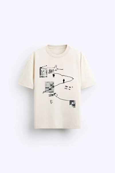 The Champ Clothing Art Work Baskılı Oversize Bej Erkek T-shirt