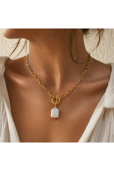 Kutcha Accessories Altın Kaplama Zincir Gerçek Barok Incili Kolye