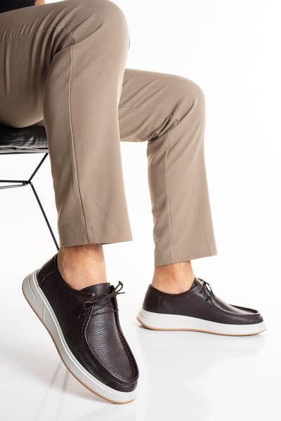 Fame Step Genuine Leather Men's Casual Brown Shoes White Sole Orthopedic Comf...