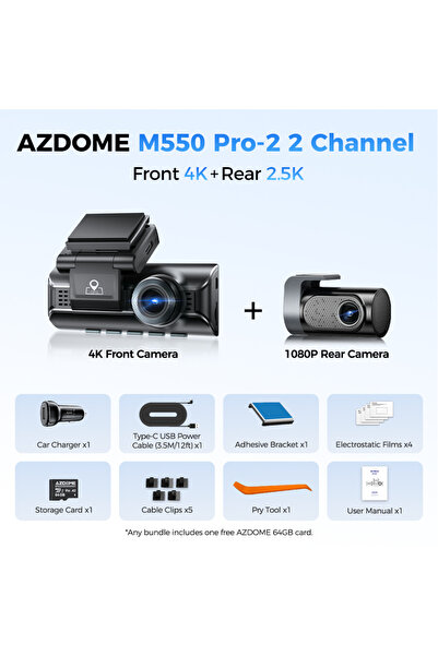Choice كاميرا AZDOME M550 Pro (قناتان) مزودة ببطاقة ذاكرة TF سعة 64 جيجابايت،...