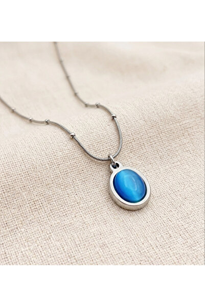 Siya Silver Blue Pearlescent Snake Chain Tarnish-Resistant Steel Oval Necklace