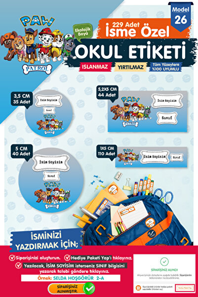 t tuğset etiket Okul Etiketi Paw Patrol Kalem Defter Etiketi Özel İsim Yazıla...