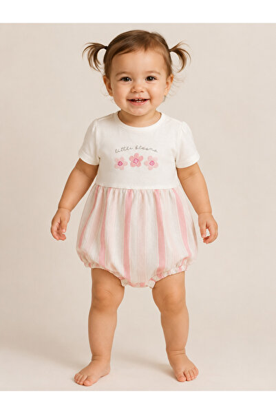 Victor and Jane Infant Girls Floral Yoke Bubble Romper with Purple Stripe Bottom