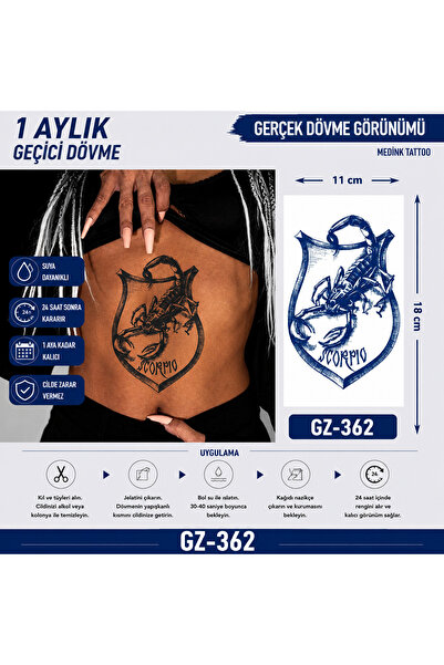 medink tattoo 1 Ay Kalıcı Sonradan Kararan 11X 18 cm Akrep model geçici dövme...